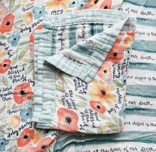 Watercolor Hail Mary Luxury Double Sided Muslin Catholic Blanket ~ PRE-ORDER SHIPS MID MARCH